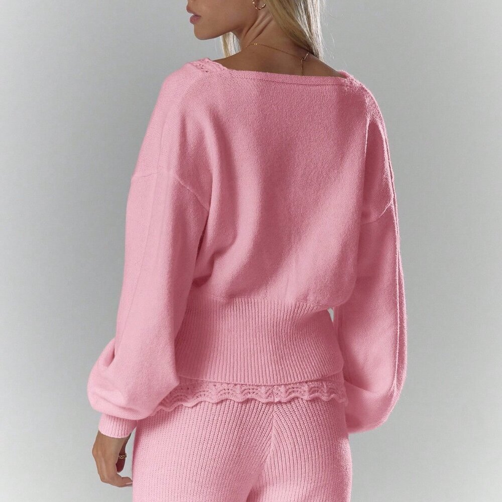 Pink Casual Women's Soft Crochet Knit Long Sleeve Top - Picture 2 of 6